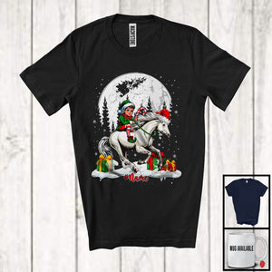 MacnyStore - Personalized Custom Name Elf Riding Horse Santa; Cheerful Christmas Snowing; Animal Farmer T-Shirt