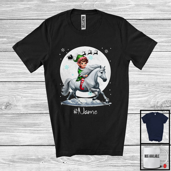 MacnyStore - Personalized Custom Name Elf Riding Horse, Joyful Christmas Moon Snow Horse, X-mas Team T-Shirt