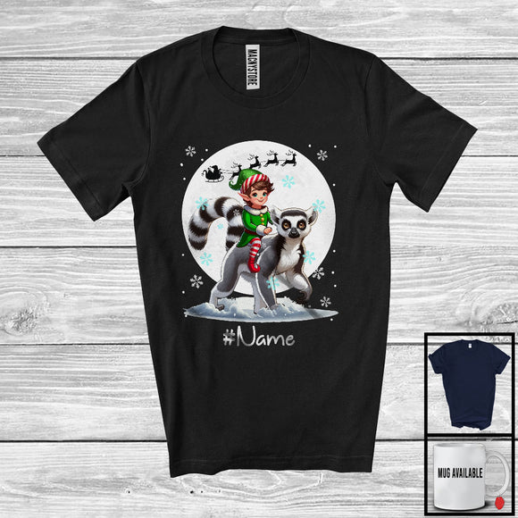 MacnyStore - Personalized Custom Name Elf Riding Lemur, Joyful Christmas Moon Snow Lemur, X-mas Team T-Shirt