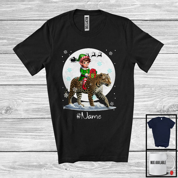 MacnyStore - Personalized Custom Name Elf Riding Leopard, Joyful Christmas Moon Snow Leopard, X-mas Team T-Shirt
