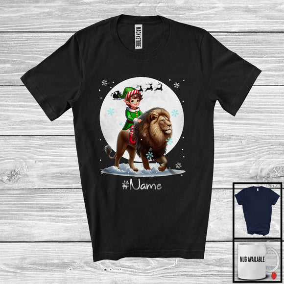 MacnyStore - Personalized Custom Name Elf Riding Lion, Joyful Christmas Moon Snow Lion, X-mas Team T-Shirt