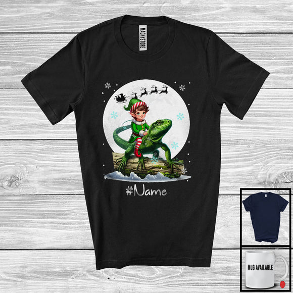 MacnyStore - Personalized Custom Name Elf Riding Lizard, Joyful Christmas Moon Snow Lizard, X-mas Team T-Shirt