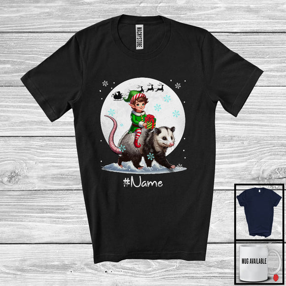 MacnyStore - Personalized Custom Name Elf Riding Opossum, Joyful Christmas Moon Snow Opossum, X-mas Team T-Shirt