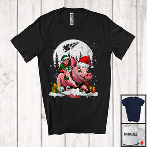 MacnyStore - Personalized Custom Name Elf Riding Pig Santa; Cheerful Christmas Snowing; Animal Farmer T-Shirt