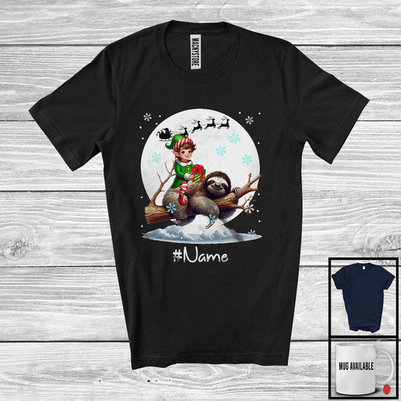 MacnyStore - Personalized Custom Name Elf Riding Sloth, Joyful Christmas Moon Snow Sloth, X-mas Team T-Shirt