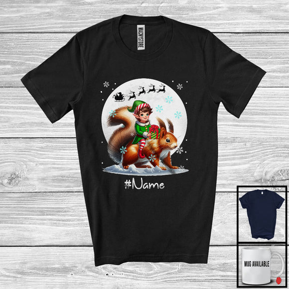 MacnyStore - Personalized Custom Name Elf Riding Squirrel, Joyful Christmas Moon Snow Squirrel, X-mas Team T-Shirt
