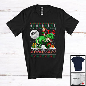 MacnyStore - Personalized Custom Name Elf Riding T-Rex; Lovely Christmas Sweater Elf Dinosaur; X-mas Moon T-Shirt