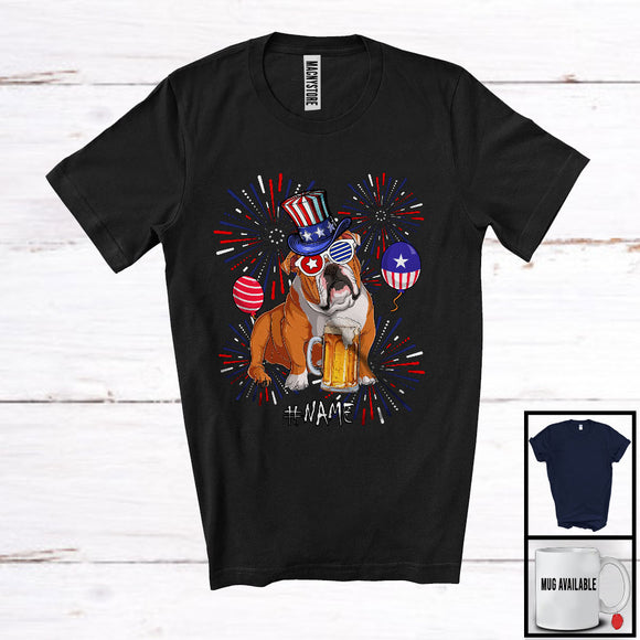 MacnyStore - Personalized Custom Name English Bulldog Drinking Beer, Lovely 4th Of July Fireworks, Patriotic T-Shirt