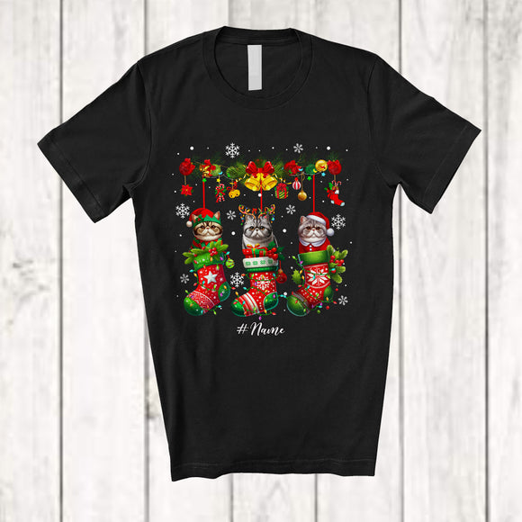 MacnyStore - Personalized Custom Name Exotic Shorthair Cat In Three Christmas Socks; Lovely X-mas Lights Snow T-Shirt