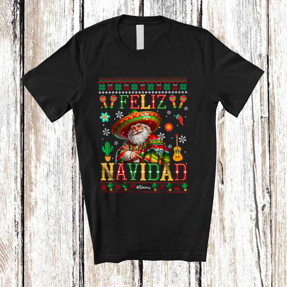 MacnyStore - Personalized Custom Name Feliz Navidad; Humorous Christmas Sweater Sombrero Mexican Santa T-Shirt