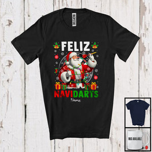 MacnyStore - Personalized Custom Name Feliz Navidarts; Amazing Christmas Santa Playing Darts; Spanish Family T-Shirt