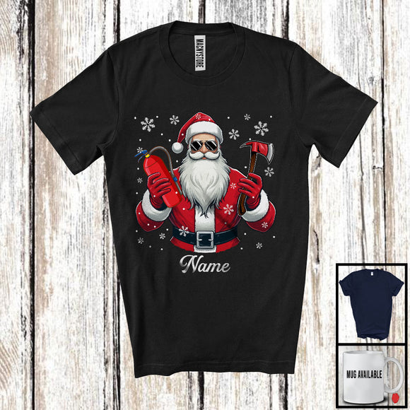 MacnyStore - Personalized Custom Name Firefighter Santa, Joyful Christmas Santa Snowing, Careers Group T-Shirt