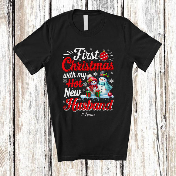 MacnyStore - Personalized Custom Name First Christmas with My Hot New Husband; Wonderful Snowman Couple T-Shirt