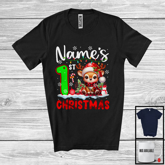 MacnyStore - Personalized Custom Name First Christmas; Lovely X-mas Reindeer Snowing Around; Family T-Shirt