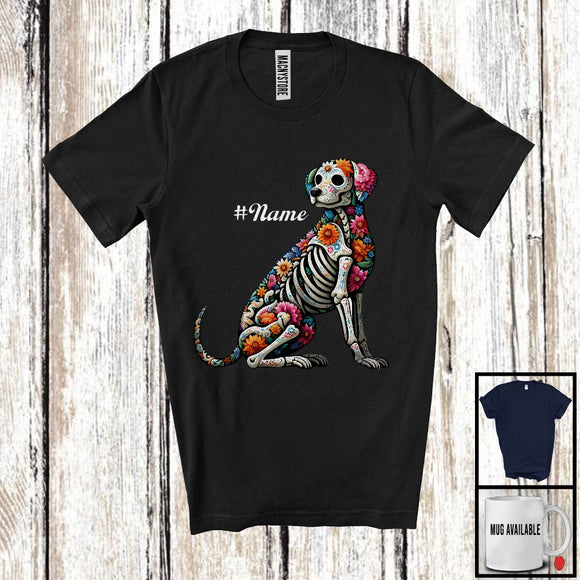 MacnyStore - Personalized Custom Name Floral Skulls Dog; Lovely Halloween Dia De Los Muertos Mexican T-Shirt