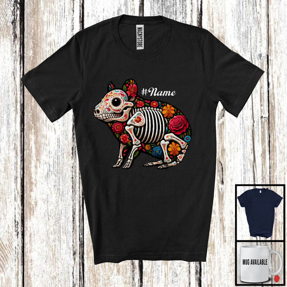 MacnyStore - Personalized Custom Name Floral Skulls Guinea Pig; Lovely Halloween Dia De Los Muertos Mexican T-Shirt