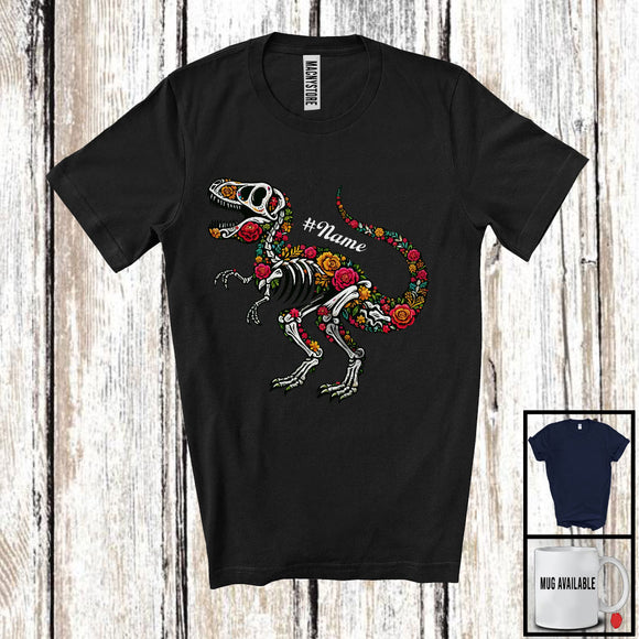 MacnyStore - Personalized Custom Name Floral Skulls T-Rex; Lovely Halloween Dia De Los Muertos Mexican T-Shirt