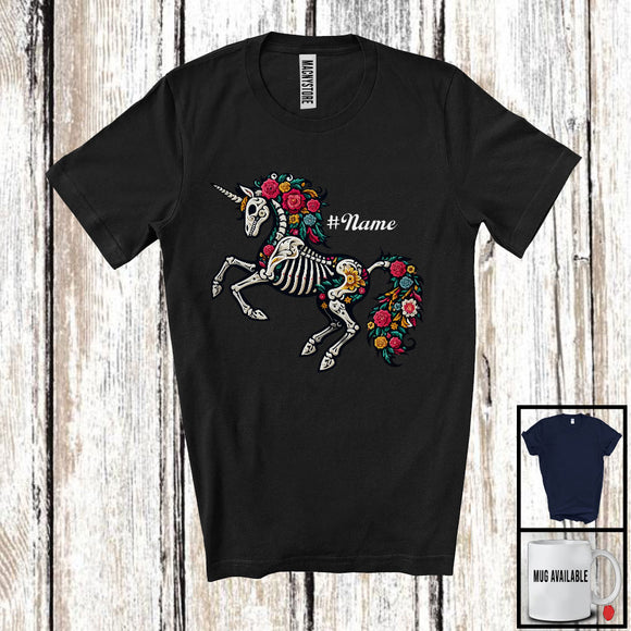 MacnyStore - Personalized Custom Name Floral Skulls Unicorn; Lovely Halloween Dia De Los Muertos Mexican T-Shirt