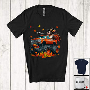 MacnyStore - Personalized Custom Name French Bulldog Turkey On Monster Truck; Joyful Thanksgiving Fall Leaf T-Shirt