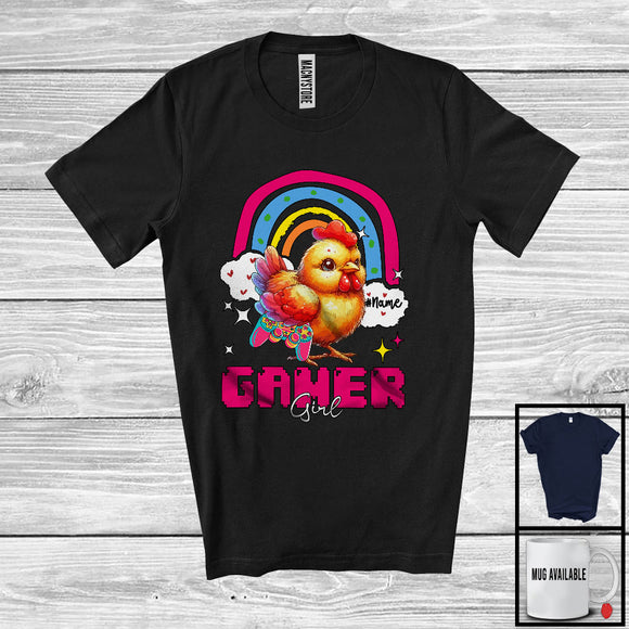 MacnyStore - Personalized Custom Name Gamer Girl; Humorous Chicken Gaming; Rainbow Gamer Farmer T-Shirt