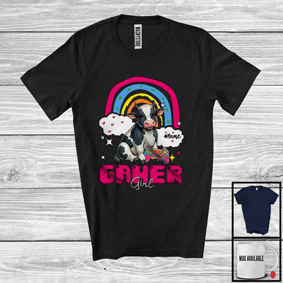 MacnyStore - Personalized Custom Name Gamer Girl; Humorous Cow Gaming; Rainbow Games Gamer Farmer T-Shirt