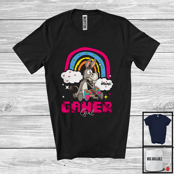 MacnyStore - Personalized Custom Name Gamer Girl; Humorous Donkey Gaming; Rainbow Gamer Farmer T-Shirt