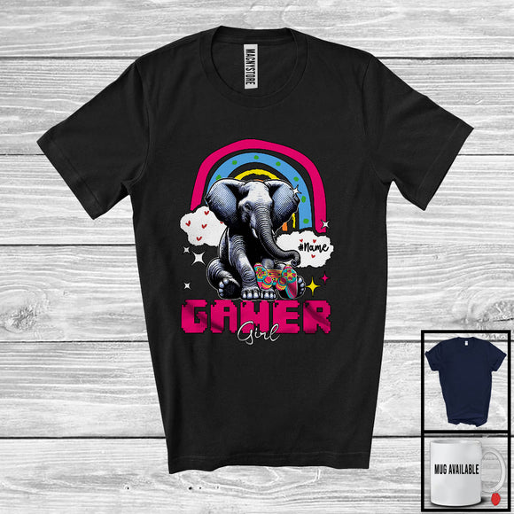 MacnyStore - Personalized Custom Name Gamer Girl; Humorous Elephant Gaming; Rainbow Games Gamer T-Shirt