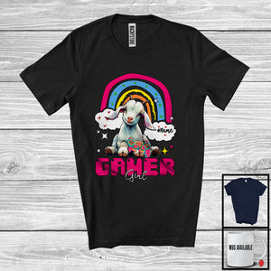 MacnyStore - Personalized Custom Name Gamer Girl; Humorous Goat Gaming; Rainbow Games Gamer Farmer T-Shirt