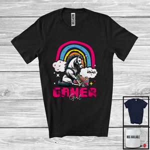 MacnyStore - Personalized Custom Name Gamer Girl; Humorous Horse Gaming; Rainbow Games Gamer Farmer T-Shirt