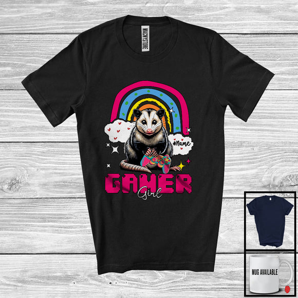 MacnyStore - Personalized Custom Name Gamer Girl; Humorous Opossum Gaming; Rainbow Games Gamer T-Shirt