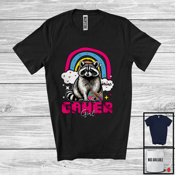 MacnyStore - Personalized Custom Name Gamer Girl; Humorous Raccoon Gaming; Rainbow Games Gamer T-Shirt