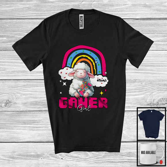 MacnyStore - Personalized Custom Name Gamer Girl; Humorous Sheep Gaming; Rainbow Games Gamer Farmer T-Shirt