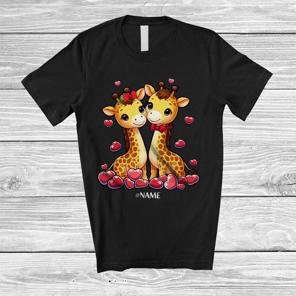 MacnyStore - Personalized Custom Name Giraffe Couple; Lovely Valentine Hearts Giraffe Animal Lover; Family Group T-Shirt