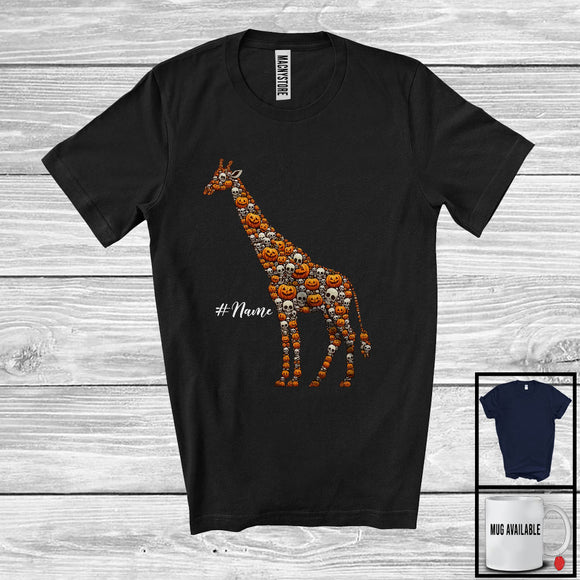 MacnyStore - Personalized Custom Name Giraffe Skull Pumpkin Shape; Creepy Halloween Animal Lover T-Shirt