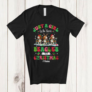 MacnyStore - Personalized Custom Name Girl Who Loves Beagles Christmas; Amazing X-mas Snow Lights T-Shirt