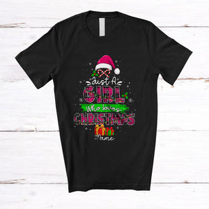 MacnyStore - Personalized Custom Name Girl Who Loves Christmas; Amusing X-mas Tree Pink Plaid Santa T-Shirt