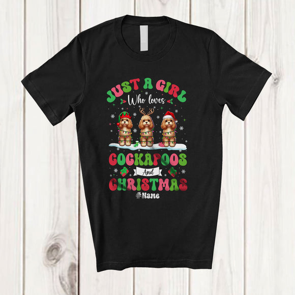 MacnyStore - Personalized Custom Name Girl Who Loves Cockapoos Christmas; Amazing X-mas Snow Lights T-Shirt