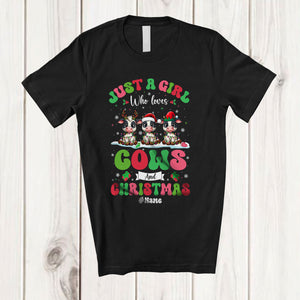 MacnyStore - Personalized Custom Name Girl Who Loves Cows Christmas; Amazing X-mas Snow Lights T-Shirt