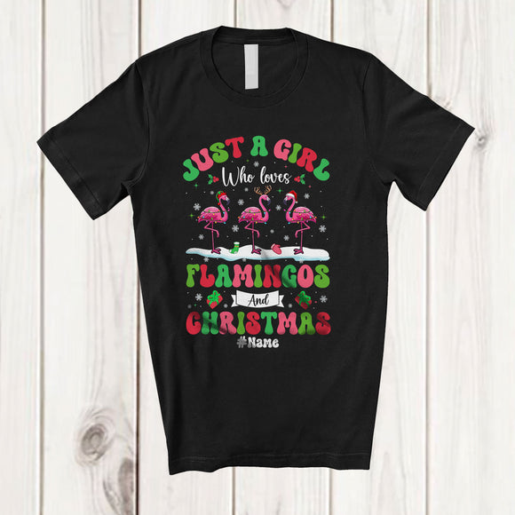 MacnyStore - Personalized Custom Name Girl Who Loves Flamingos Christmas; Amazing X-mas Snow Lights T-Shirt