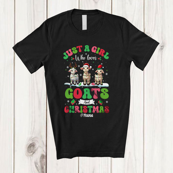 MacnyStore - Personalized Custom Name Girl Who Loves Goats Christmas; Amazing X-mas Snow Lights T-Shirt