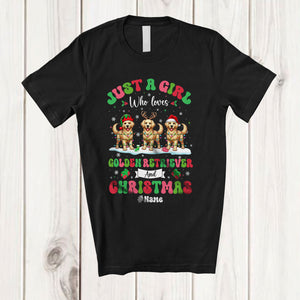 MacnyStore - Personalized Custom Name Girl Who Loves Golden Retrievers; Amazing Christmas Snow Lights T-Shirt