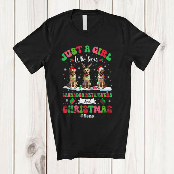 MacnyStore - Personalized Custom Name Girl Who Loves Labrador Retrievers; Amazing Christmas Snow Lights T-Shirt