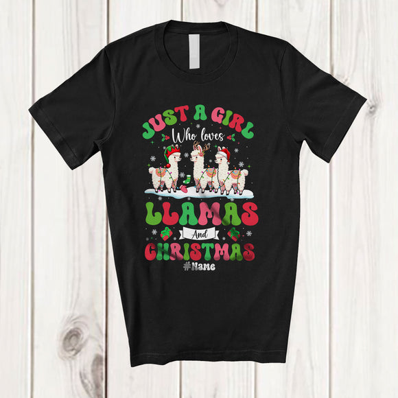 MacnyStore - Personalized Custom Name Girl Who Loves Llamas Christmas; Amazing X-mas Snow Lights T-Shirt