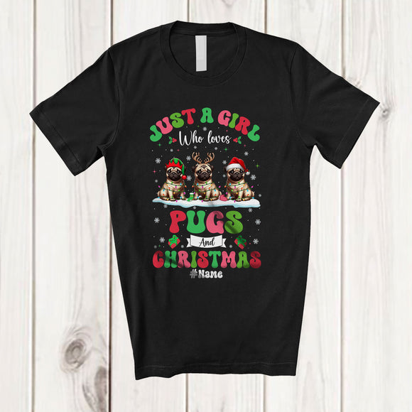 MacnyStore - Personalized Custom Name Girl Who Loves Pugs Christmas; Amazing X-mas Snow Lights T-Shirt