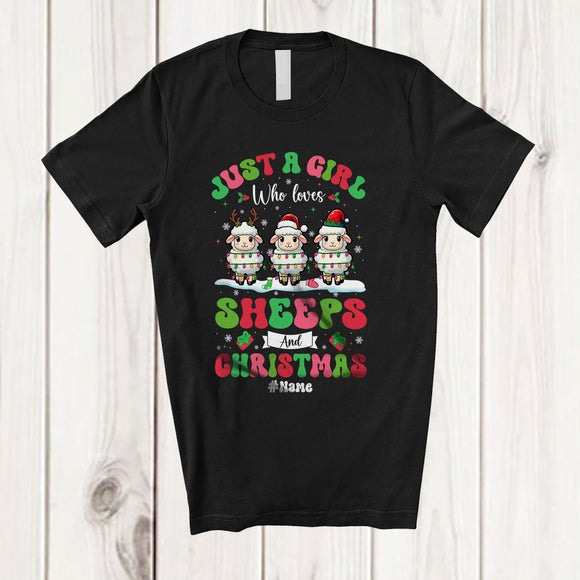 MacnyStore - Personalized Custom Name Girl Who Loves Sheeps Christmas; Amazing X-mas Snow Lights T-Shirt