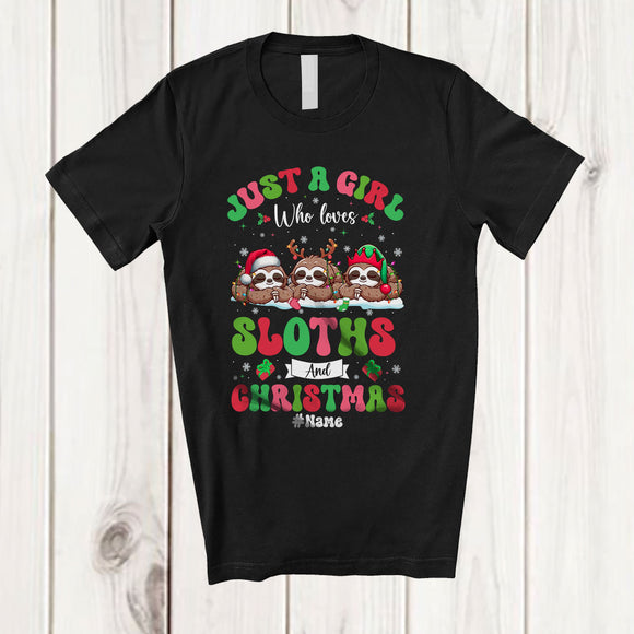 MacnyStore - Personalized Custom Name Girl Who Loves Sloths Christmas; Amazing X-mas Snow Lights T-Shirt