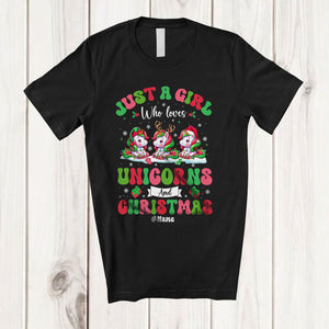 MacnyStore - Personalized Custom Name Girl Who Loves Unicorns Christmas; Amazing X-mas Snow Lights T-Shirt