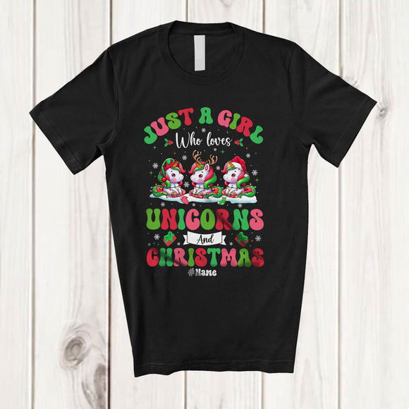 MacnyStore - Personalized Custom Name Girl Who Loves Unicorns Christmas; Amazing X-mas Snow Lights T-Shirt