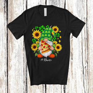 MacnyStore - Personalized Custom Name Gnome Holding Pizza Sunflower; Lovely St. Patrick's Day Shamrocks T-Shirt