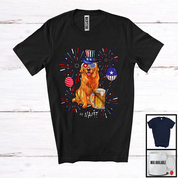 MacnyStore - Personalized Custom Name Golden Retriever Drinking Beer, Lovely 4th Of July Fireworks, Patriotic T-Shirt